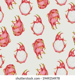 Seamless pattern of dragon fruit, Full and half with Colorful Drawing background with flat vector illustration
