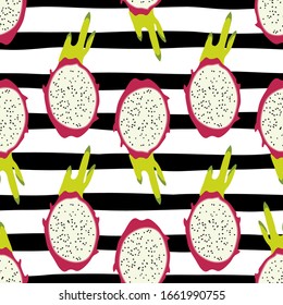 Seamless pattern with dragon fruit on black stirpes