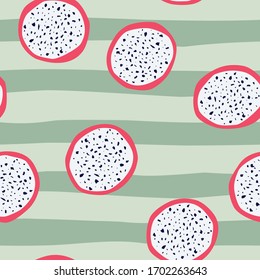 Seamless pattern of dragon fruit on a background of green stripes. Vector abstract illustration of tropical fruit Pitaya.