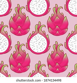 Seamless pattern dragon fruit on pink pastel background. Vector illustration.