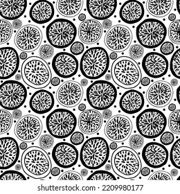 Seamless pattern with dragon fruit silhouettes, circles and dots. Vector textured hand drawn pattern. Abstract background with pitaya fruit.