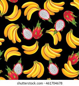 Seamless pattern with dragon fruits and bananas. Vector illustration.