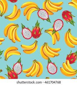 Seamless pattern with dragon fruits and bananas. Vector illustration.