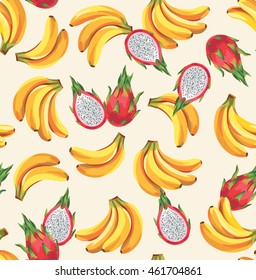 Seamless pattern with dragon fruits and bananas. Vector illustration.