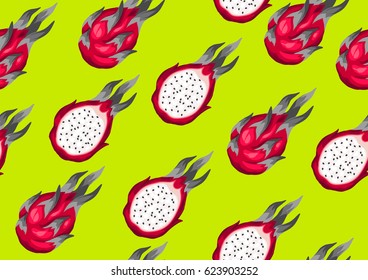 Seamless pattern with dragon fruits. Illustration of tropical plant.