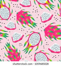 Seamless pattern with dragon fruits isolated on pink background. Vector Illustration of the exotic tropical pitayas.