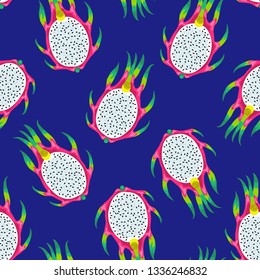 Seamless pattern with dragon fruits isolated on dark blue background. Vector Illustration of the exotic tropical pitayas.