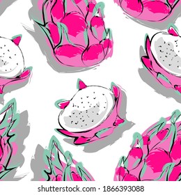 Patrón sin foco con frutos de dragón aislados en blanco. Material vectorial moderno Ilustración de las pitayas tropicales exóticas. Para embalajes de regalo, textiles, papel pintado, lavado, luces de página web, relleno