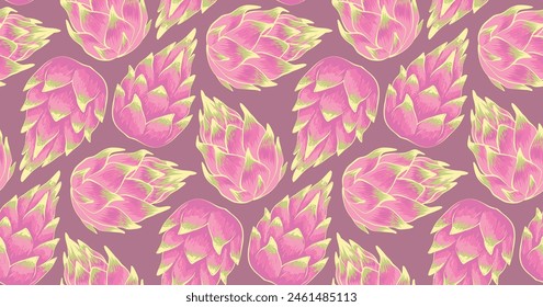 Seamless pattern with dragon fruits isolated on pink background. Vector Illustration of the exotic tropical pitayas.