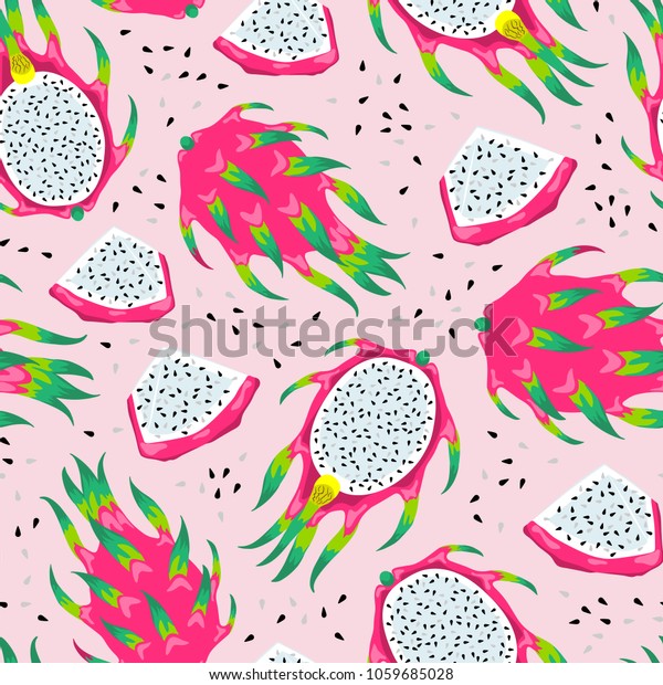 Seamless\
pattern with dragon fruits isolated on pink background. Vector\
Illustration of the exotic tropical\
pitayas.