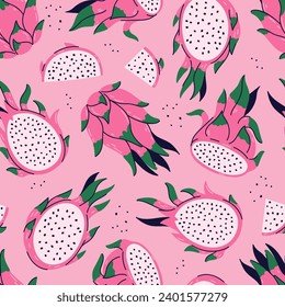 Seamless pattern with dragon fruits on a pink background. Vector graphics.