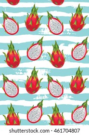 Seamless pattern with dragon fruits on a striped background. Vector illustration.