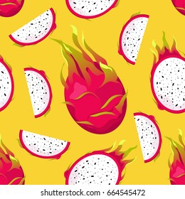Seamless pattern with dragon fruits on yellow background.vector illustration.