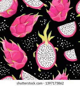 Seamless pattern with dragon fruits, pitaya background. Hand drawn vector illustration in watercolor style for summer romantic cover, tropical wallpaper, vintage texture