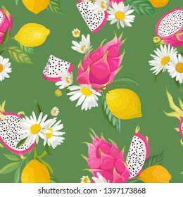 Seamless pattern with dragon fruits, pitaya, citrus lemon and daisy flowers background. Hand drawn vector illustration in watercolor style for summer cover, tropical wallpaper, vintage texture