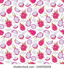 Seamless pattern with dragon fruits (pitaya). Hand drawn vector illustration in watercolor style with high detail for summer romantic card, cover, tropical wallpaper, texture, fabric, wrapping paper. 