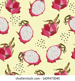 Seamless pattern with dragon fruits, pitaya background. Hand drawn vector illustration for summer romantic cover, tropical wallpaper, vintage texture. Yellow background.