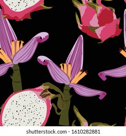Seamless pattern with dragon fruits, pitaya and exotic flowers background. Hand drawn vector illustration for summer romantic cover, tropical wallpaper, vintage texture.