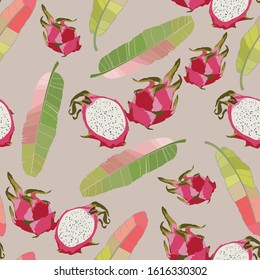 Seamless pattern with dragon fruits, pitaya and bananas leaves background. Hand drawn vector illustration for summer romantic cover, tropical wallpaper, vintage texture.