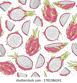 Seamless pattern with dragon fruits, pitaya background. Hand drawn vector illustration in sketch style for summer cover, tropical wallpaper, vintage texture. Whole fruit and slices.
