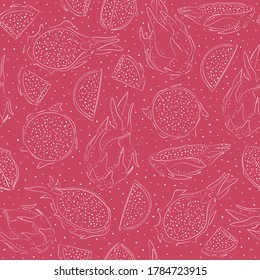 Seamless pattern with dragon fruits, pitaya background. Hand drawn vector illustration in sketch style for summer cover, tropical wallpaper, vintage texture. Whole fruit and slices. Line on pink.