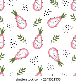 Seamless pattern with dragon fruits, pitaya on white background. Colorful hand drawn illustration, design.