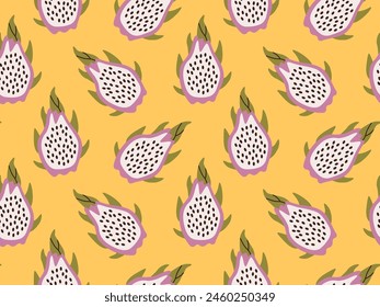 Seamless pattern of dragon fruits, pitaya on orange background. Exotic tropical pitayas. Great for prints, cards.