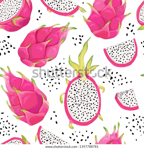 Seamless pattern with\
dragon fruits, pitaya background. Hand drawn vector illustration in\
watercolor style for summer romantic cover, tropical wallpaper,\
vintage texture