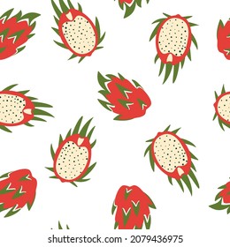 Seamless pattern with dragon fruits. Simple vector flat illustration with exotic fruits on a white background. Organic plant food