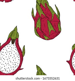 Seamless pattern of dragon fruits. Vector cartoon background. Hand-drawn style.