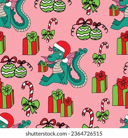 Seamless pattern dragon with gifts, caramel and Christmas balls on a pink background. Vector doodle illustration for packaging, web design