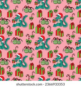 Seamless pattern dragon with gifts, caramel and Christmas balls on a pink background. Vector doodle illustration for packaging, web design