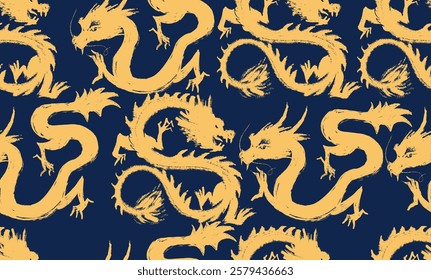 Seamless pattern with dragon. Hand draw painted with paint, dry paint and brush. Vector gold Japanese style and simple dragon seamless pattern. Vector illustration.