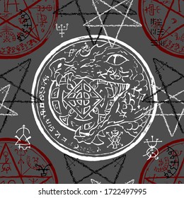 Seamless pattern with dragon holding coin, pentacle and mystic symbols. Halloween line art vector illustration. Esoteric, occult and gothic background