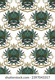 Seamless pattern of dragon muzzle in vintage frame. New Year 2024 gift wrapping of patterned dragon head. Holiday wallpaper with Chinese zodiac symbol.