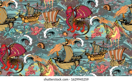 Seamless pattern. Dragon and nautical theme - fish, octopuses, ancient ships. Vector illustration
