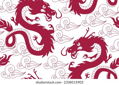 Seamless pattern with Dragon silhouettes. Chinese dragon New Year. Mythological creatures. Zodiac sign. Hand drawn cartoon style vector illustration.