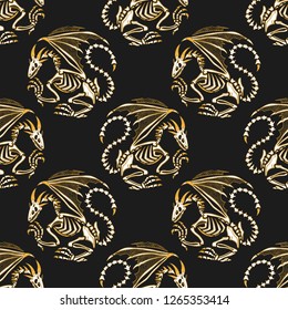 Seamless pattern. Dragon skeleton. Anatomy of a magical creature. Great for greeting cards, halloween party invitations, t-shirt printing and more. Halloween illustration.