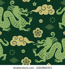 Seamless pattern with Dragon. Symbol of 2024. Year of the Dragon. Gold and white colors