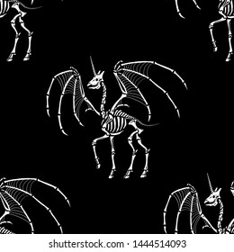 Seamless pattern. Dragon unicorn. Isolated on black background. Great for tattoo, print on t-shirt and more. Happy Halloween!