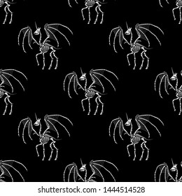 Seamless pattern. Dragon unicorn. Isolated on black background. For tattoo, print on t-shirt and more. Happy Halloween!