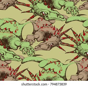 Seamless  pattern of Dragon. Vector illustration. Engraving style.