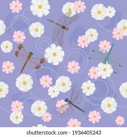 Patrón sin foco con libélulas y hermosas flores rosas y blancas. Vector