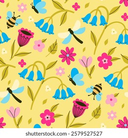 Seamless pattern with dragonflies, bees, butterflies, flowers. Vector graphics.