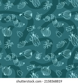 Seamless pattern with dragonflies, beetles and butterflies. Dragonfly and fruits background. Vector illustration.