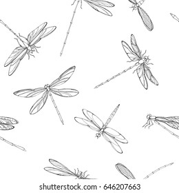 Seamless pattern with dragonflies. Black and white vector illustration.