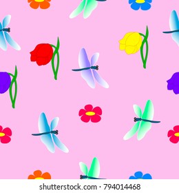 Seamless pattern dragonflies and brightly blooming flowers.