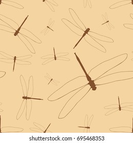 Seamless pattern with dragonflies. Brown silhouettes of dragonflies on a beige background. Light illustration in vintage or Japanese style