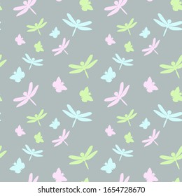 Patrón transparente con libélulas y mariposas en diferentes colores sobre fondo gris. Ilustración vectorial plana.