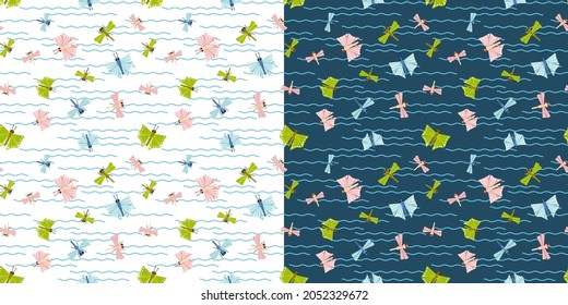 Seamless pattern with dragonflies, butterflies and on the pond. Vector childrens pattern. Texture for fabric, clothing, wallpaper, wrapping paper, stationery.